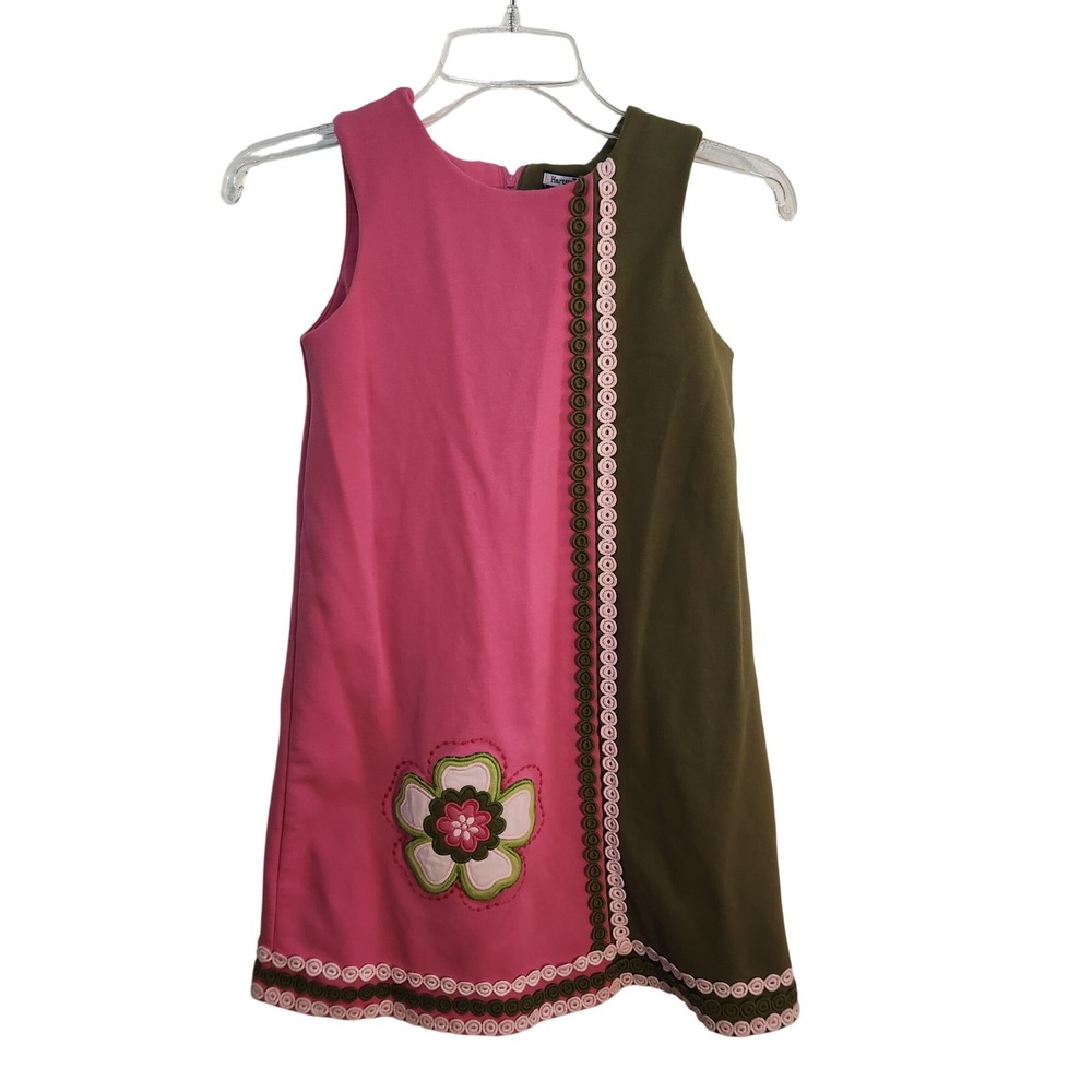Hartstrings Girls Dress Size 10 Pink‎ Olive Sleeveless Flower Applique Retro Mod